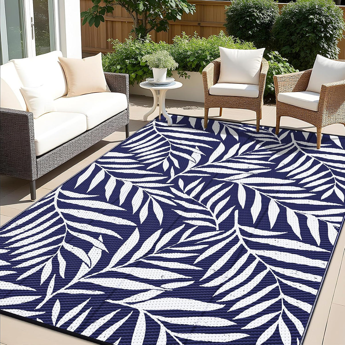Outdoor Rug Waterproof Reversible Leaf Mat, Navy & White