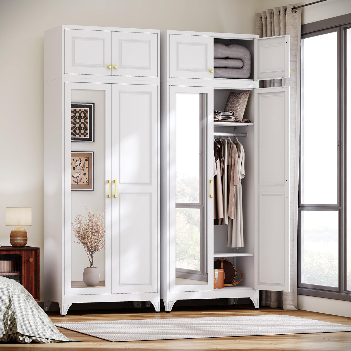 86" Wardrobe Closet, Metal Armoire Wardrobe Cabine with Mirror Door