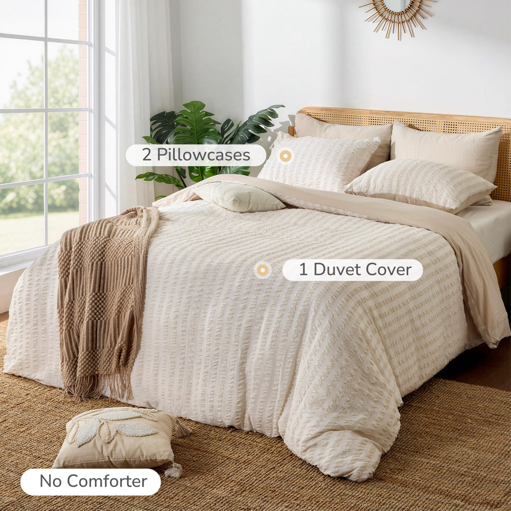 Seersucker Duvet Cover 3 Pieces Cream Gray
