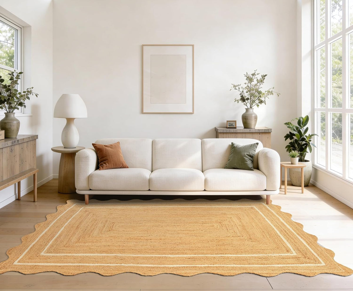 Jute Area Rug Natural Wave Scallop Ivory Border Handmade Rug