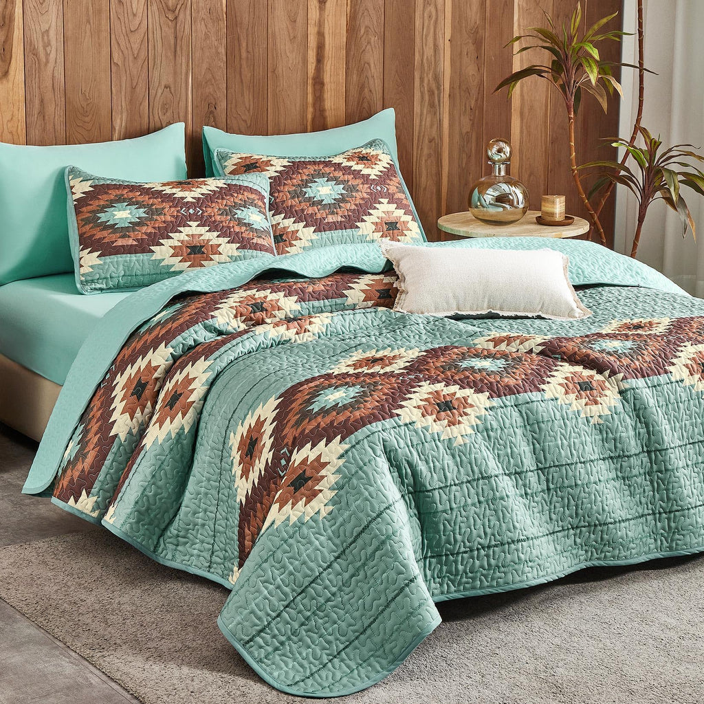 Quilt Set, Aztec Southwestern Rustic Farmhouse Country Cabin with Geometric Pattern, Reversible Lightweight Bedspread
