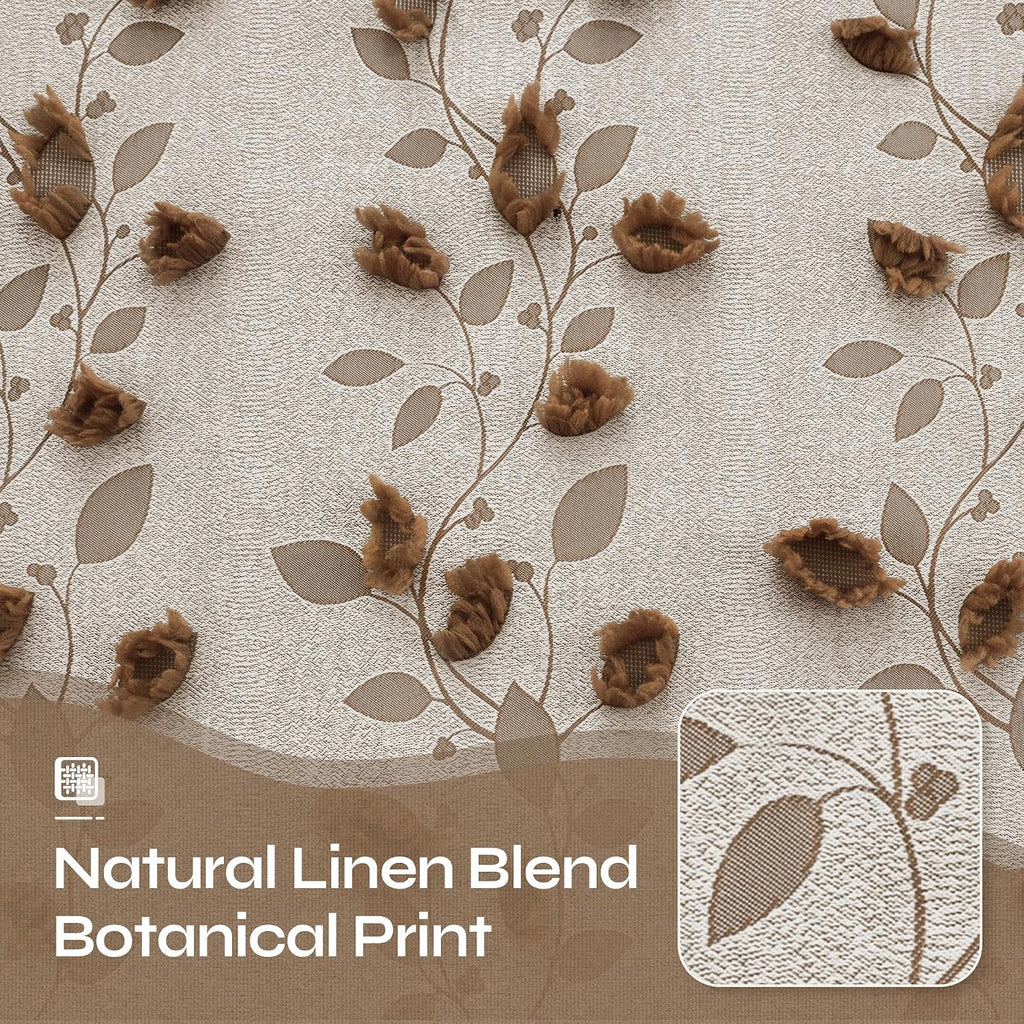 Brown Linen Curtains (Set of 2 Panels), Fall Boho Jacquard Leaf Botanical Pattern with Pom Pom Elegant Luxury Soft Farmhouse Vintage