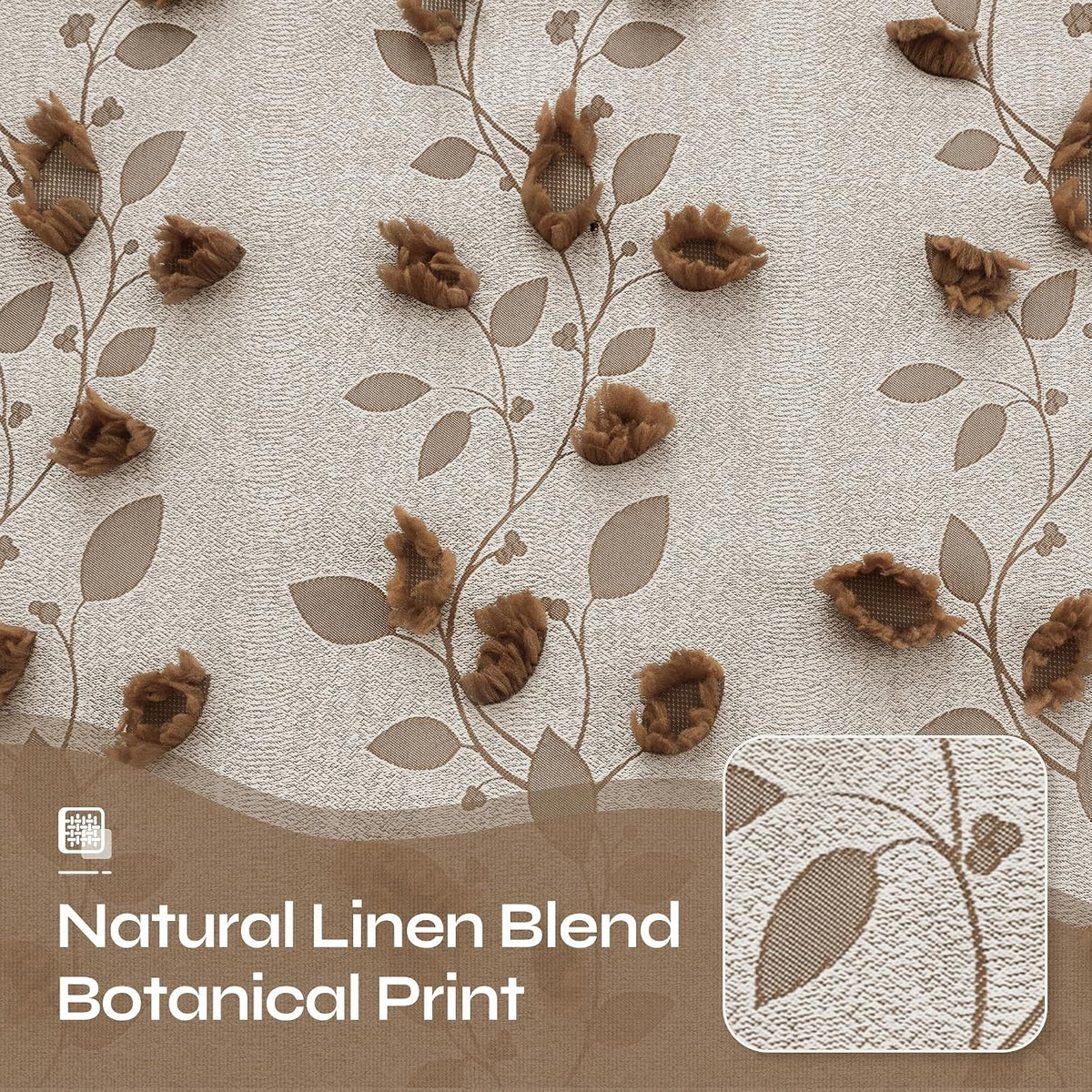 Brown Linen Curtains (Set of 2 Panels), Fall Boho Jacquard Leaf Botanical Pattern with Pom Pom Elegant Luxury Soft Farmhouse Vintage