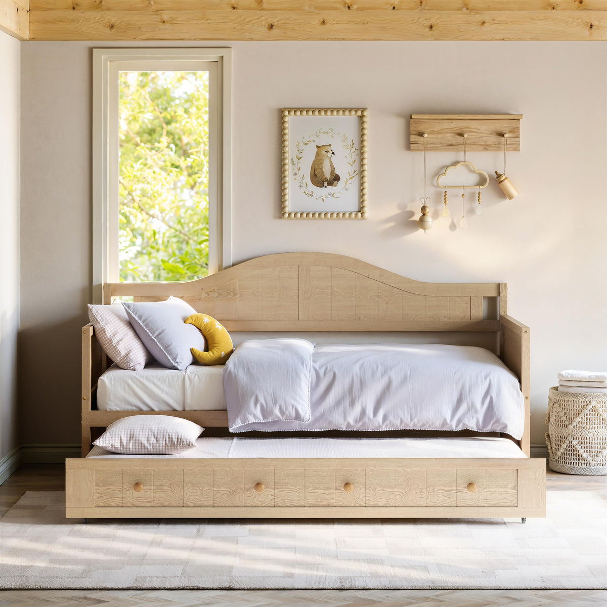 Twin Size Wooden Daybed with Trundle, Natural Wood