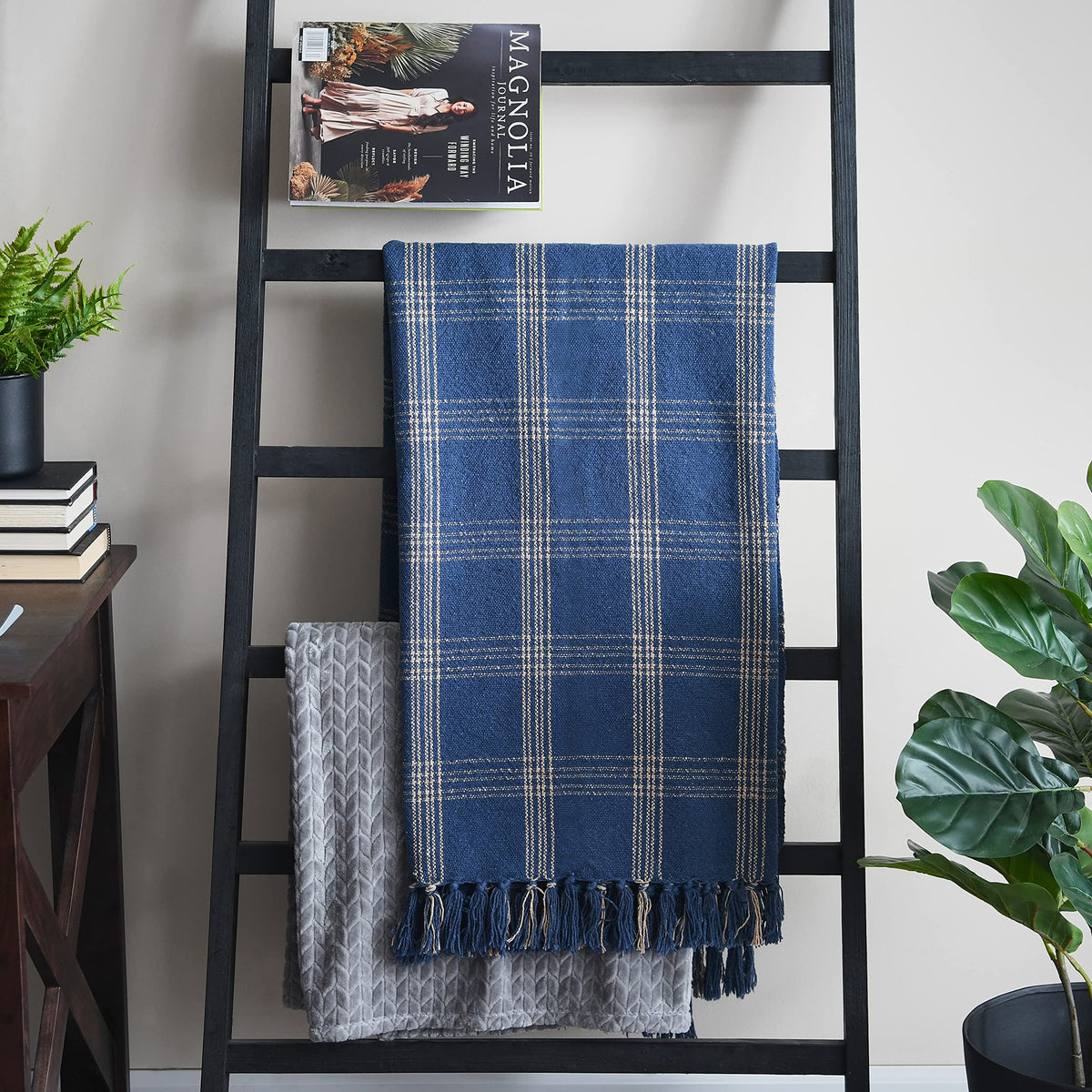 Recycled Cotton Blend Throw Blanket with Fringe, Blue Plaid