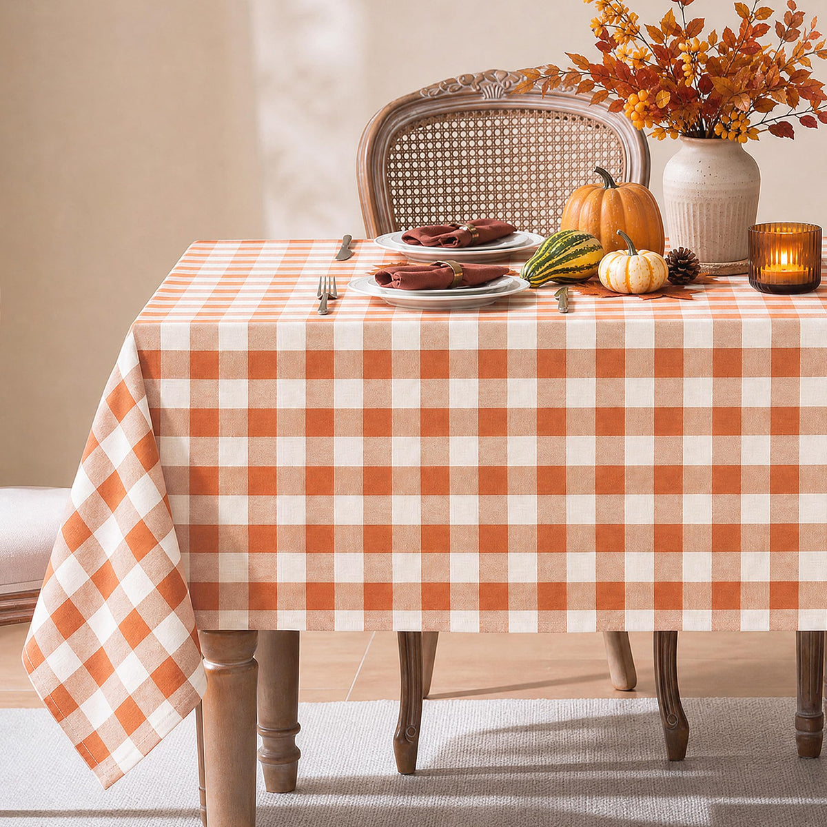 Fall Gingham Tablecloth Rectangle Cotton Linen Style, Orange 60x75