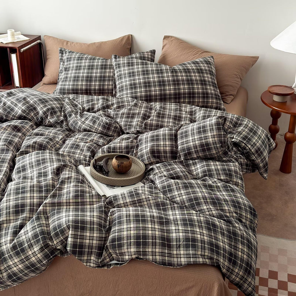 Dark Gray-Black & Beige Buffalo Plaid Duvet Cover Set