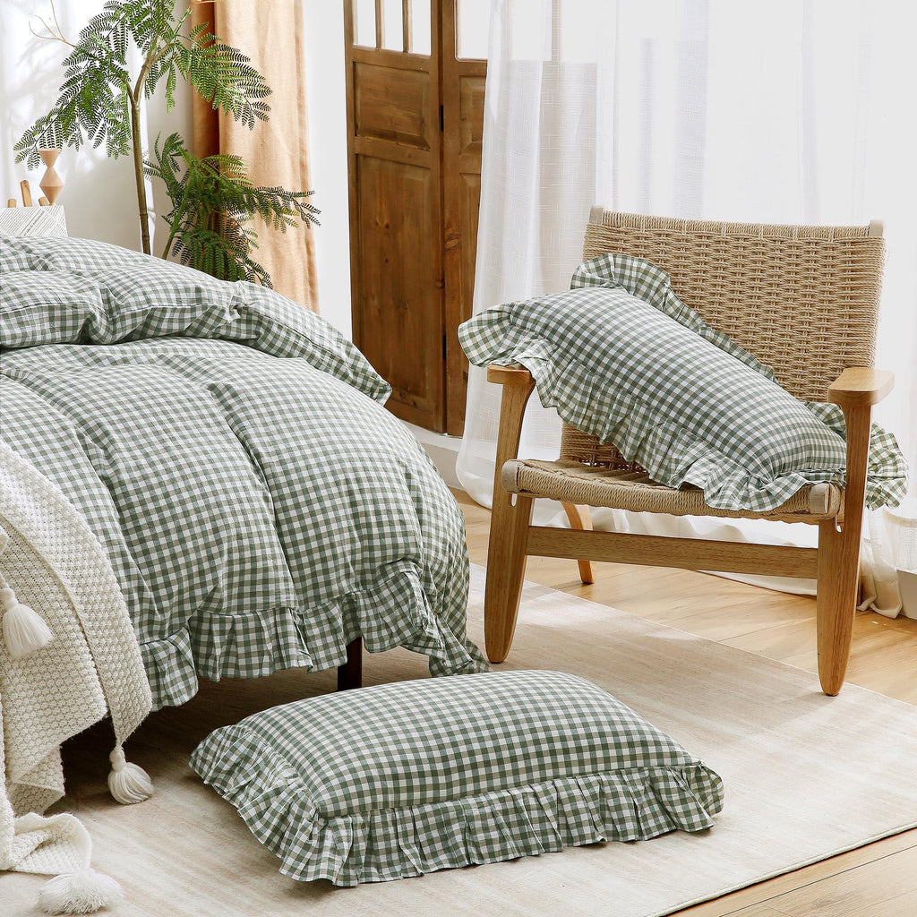 Green Gingham Ruffle Duvet Cover Set Cotton Like Linen