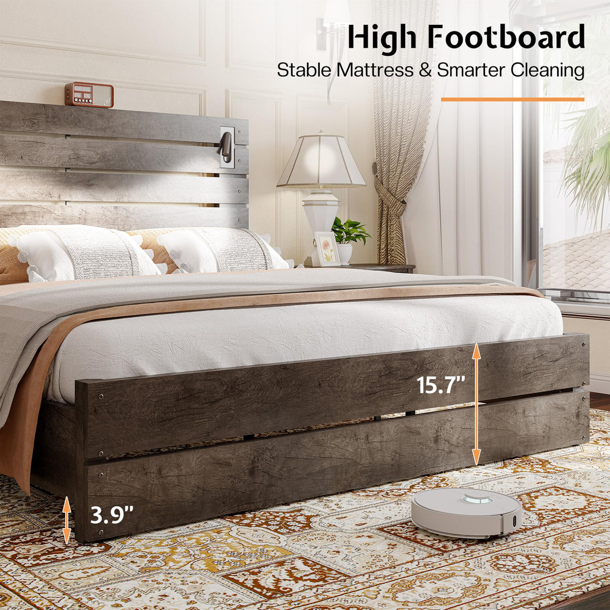 Bed Frame Farmhouse 51" Headboard&Reading Lights, Ash Grey
