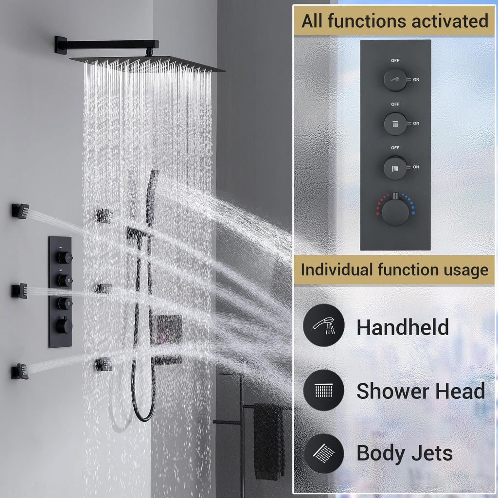 16" Thermostatic Rain Shower System with 6 Body Jets & 16-Inch Rainfall Shower Head, Full Body Shower Faucet Sets