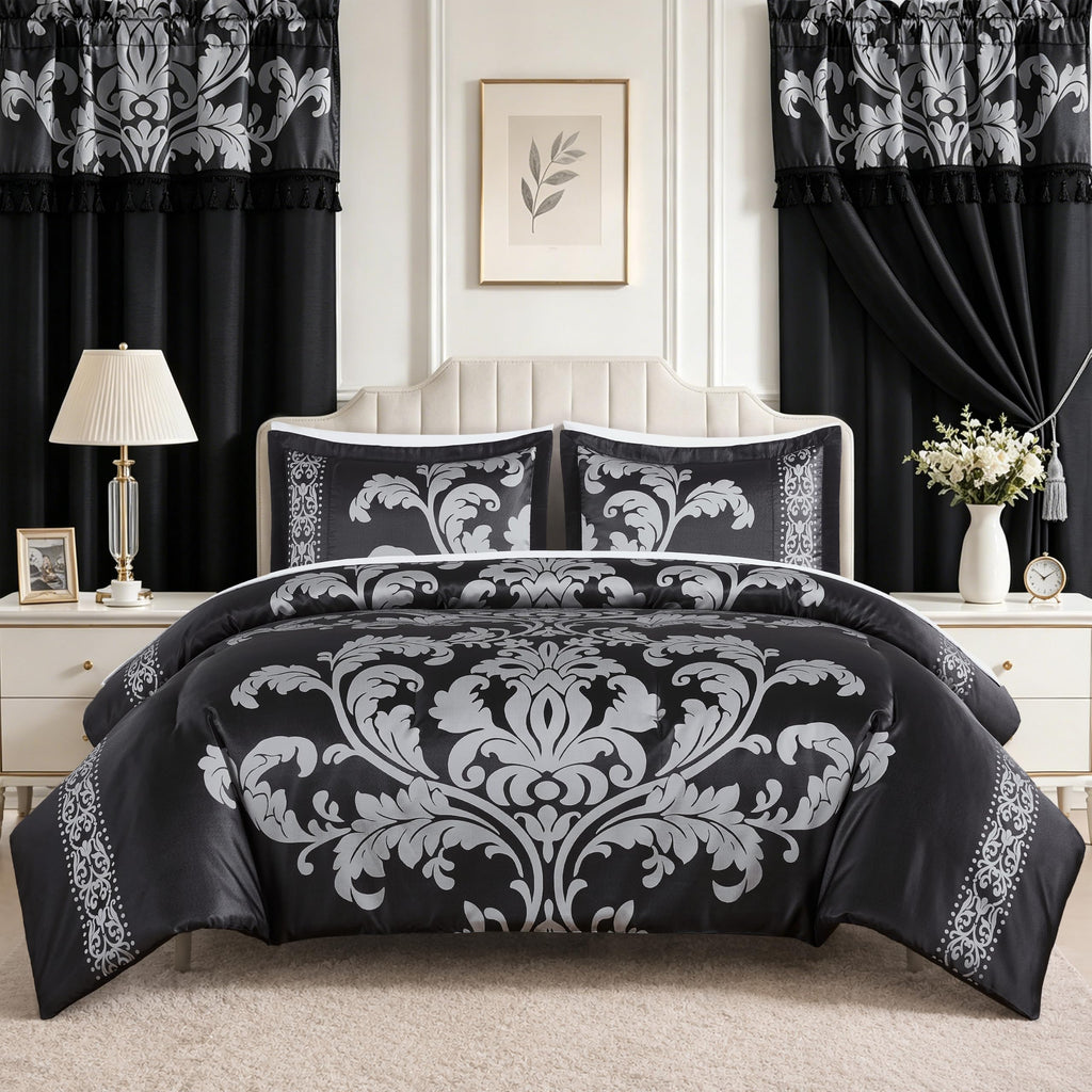 Valor 7-Piece Bed in a Bag, Black/Silver Luxury Jacquard Floral Comforter with Sheets Set for All Season