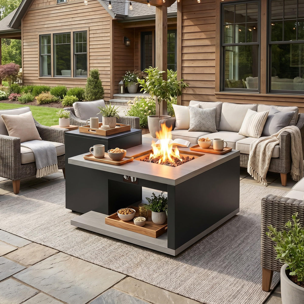 Rectangular Outdoor Fire Table with Propane Tank Cabinet, Aluminum Alloy Fire Pit Table Grey & Black 40.1"W