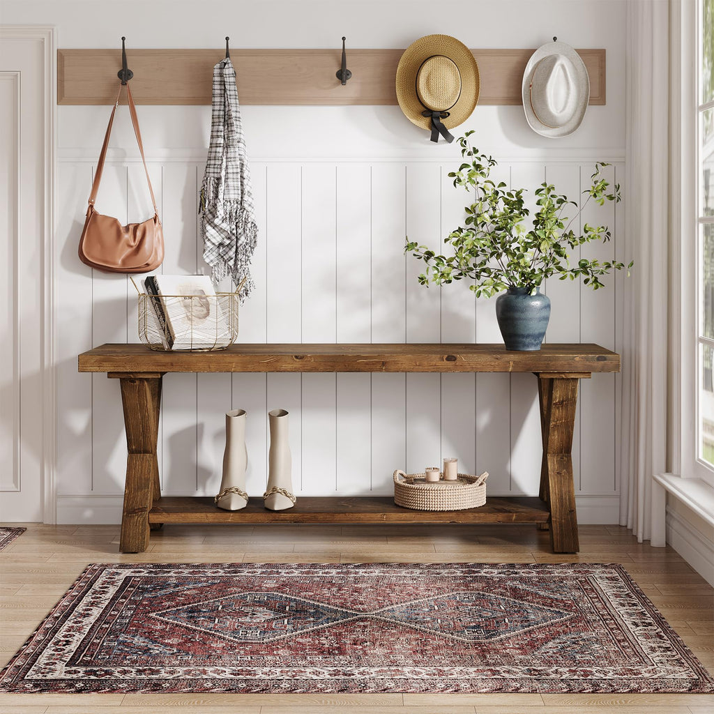43.3" Solid Wood Bench, Farmhouse Wooden Entryway Bench with Storage Shelf, X-Shaped Leg Design, Entry Way Shoe