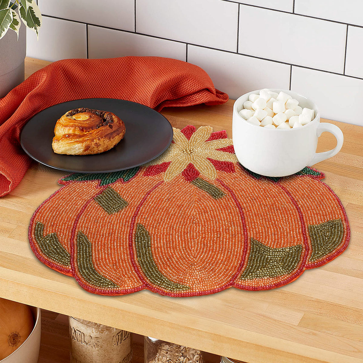 Lightnpro Beaded Pumpkin Placemats Set of 2 - 13 Inch Round Multicolor Charger Mats, Handcrafted Artisan Table