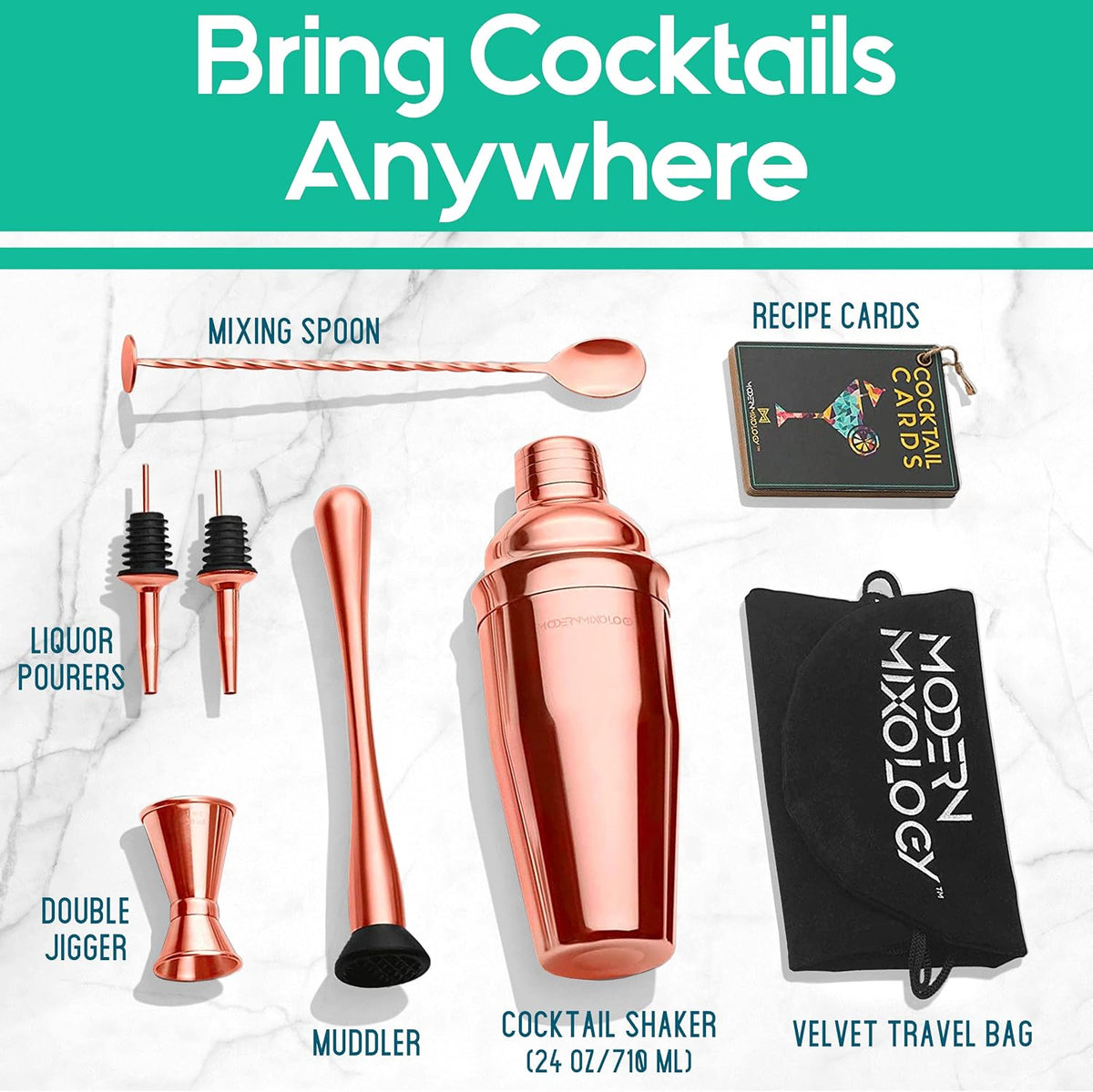 8-Piece Cocktail Shaker Set with Velvet Bag | Complete Kit for Bartenders | Includes Shaker with Strainer, Jigger - Set of 8