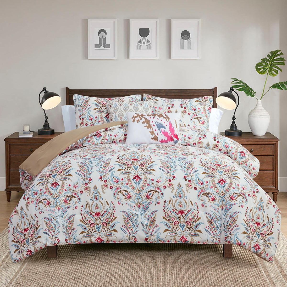 5-Piece Printed Comforter Set Marcel - Blue, Red & Olive Paisley Floral Bedding with Decorative Pillows & Shams, Soft
