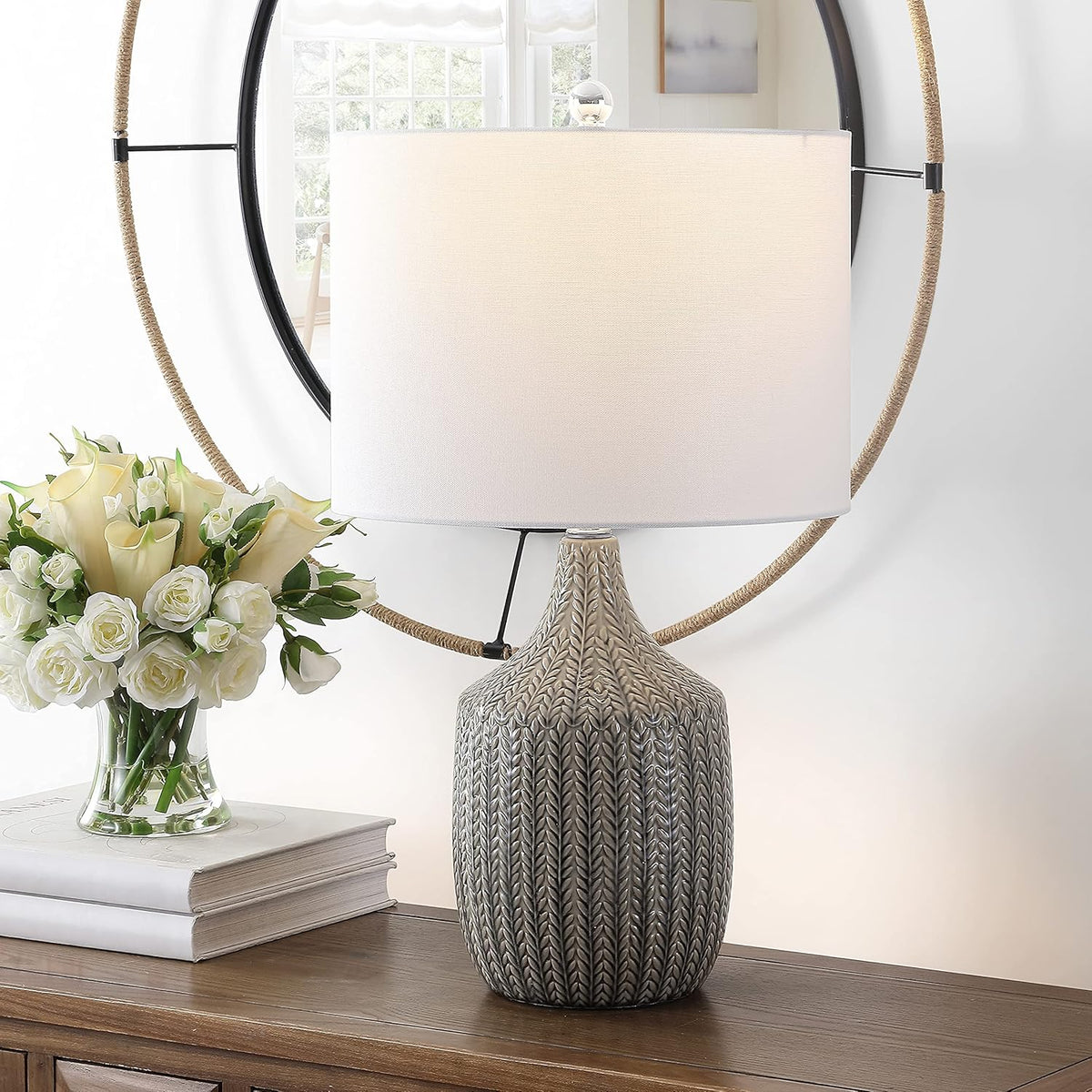 Secia Modern Grey Ceramic 25-inch Bedroom Living Room Home Office Desk Nightstand Table Lamp (LED Bulb Included)