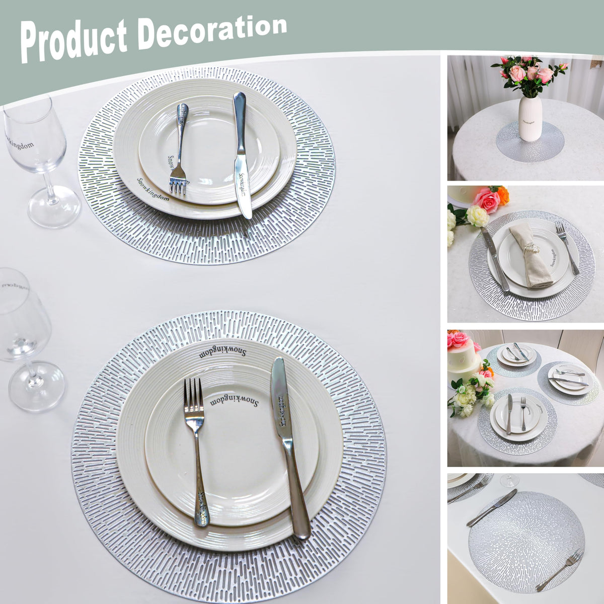 Silver Round Placemats Set of 6, 15 Inch Metallic Pressed Vinyl Place Mats, Easy Clean Non Slip Heat Resistant