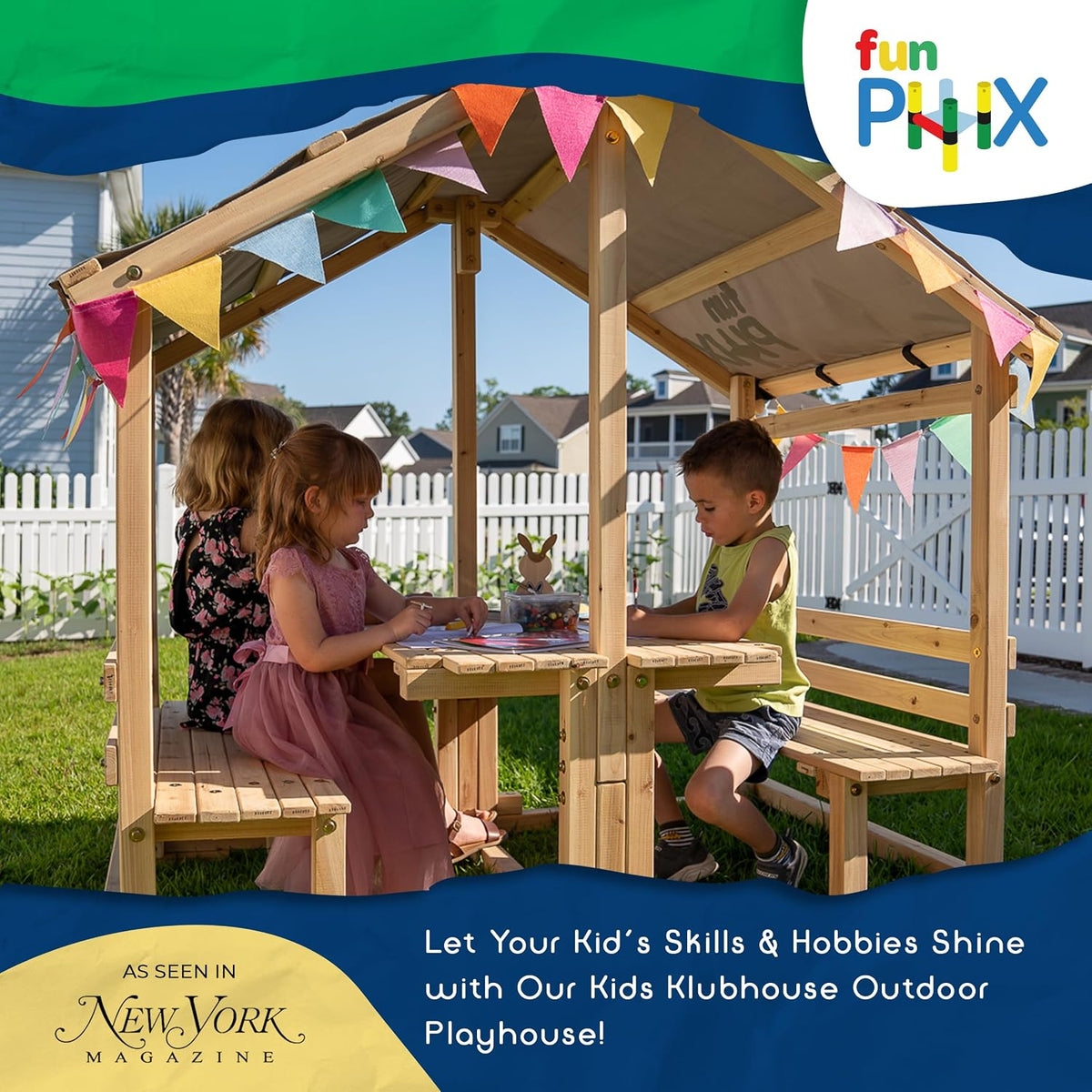 Playhouse - Kids Klubhouse Wooden Playhouse with Table & Benches - Multifunctional Toy for Fun Play & Learning