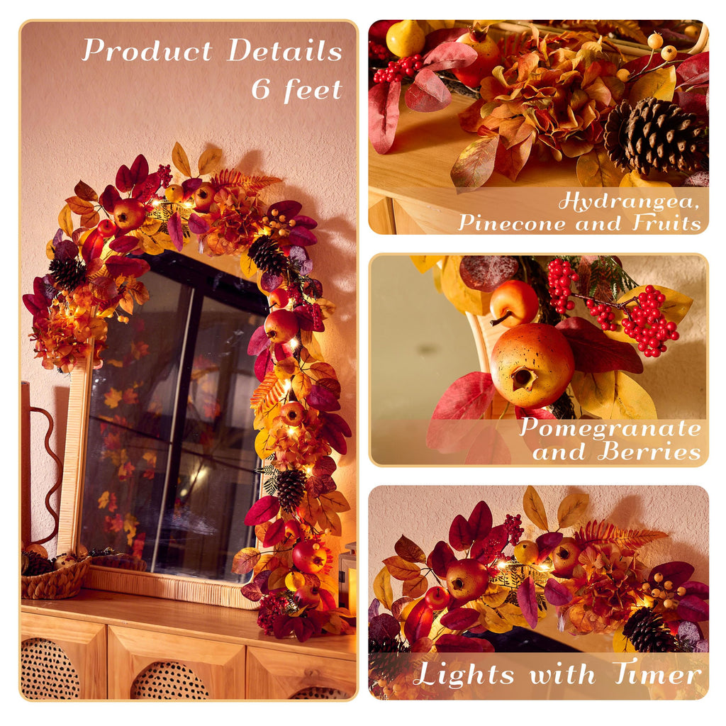 DecorbyHannah 6ft Fall Garland for Mantle with Lights & Leaves Pomegranate
