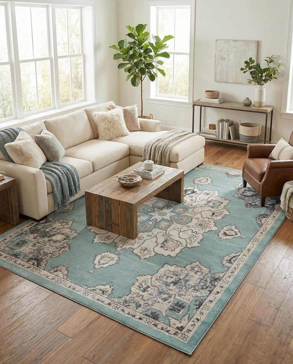Parker Rug - Aqua Easy-Clean Rug - Vintage Medallion for Living Rooms, Dining Rooms, and Large Spaces