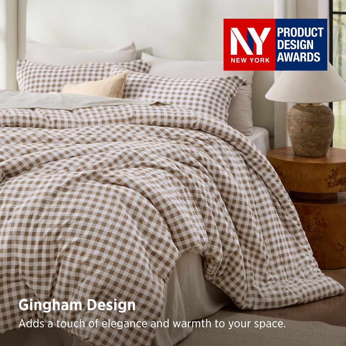 Brown Gingham Comforter Set, Soft Fall Bedding 3 pcs