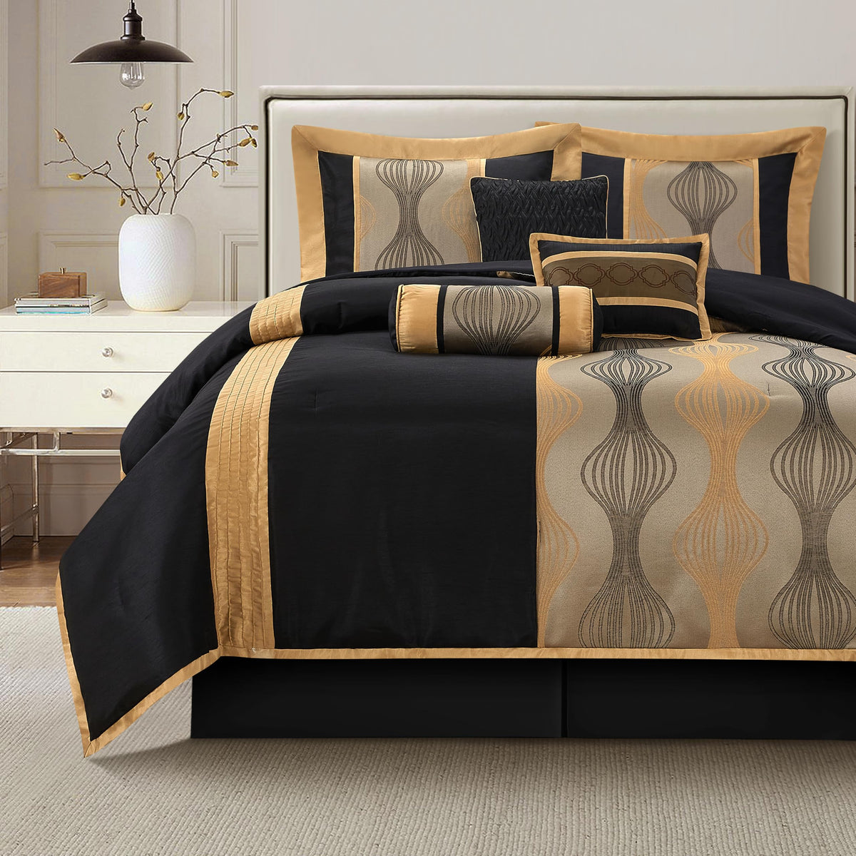 King Comforter Set, Black Gold, 7 Pieces Bed in a Bag, Ultra Soft Jacquard with Solid Piecework, Luxury Bed Set with