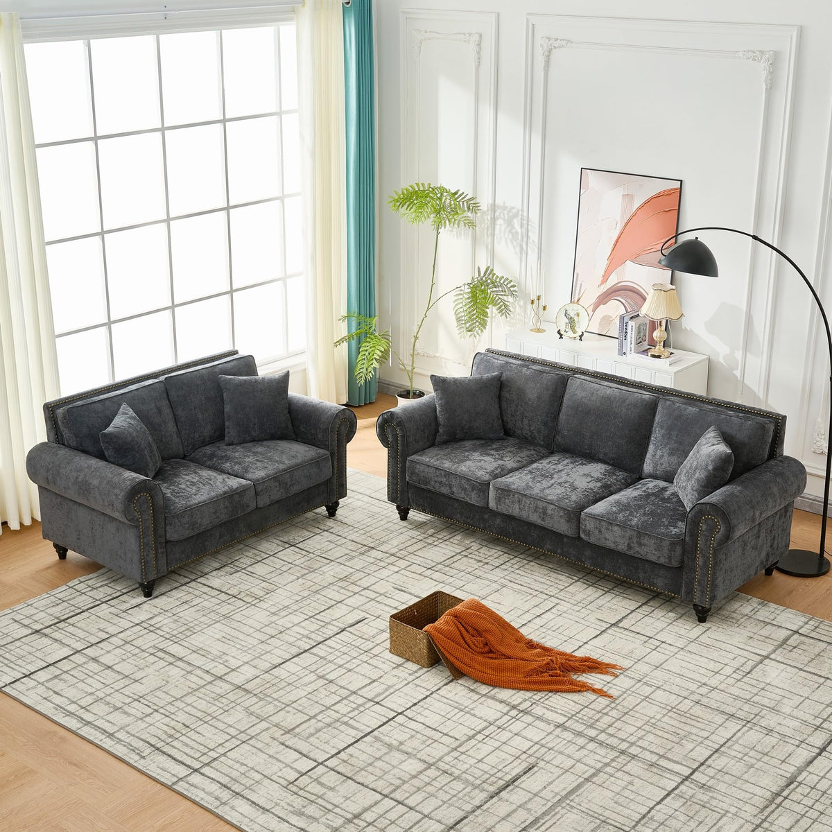 Chesterfield Sofa Set with Rolled Arms, Chenille Fabric 3-Seater and Loveseat Sofa Set with Wood Legs & Nailhead