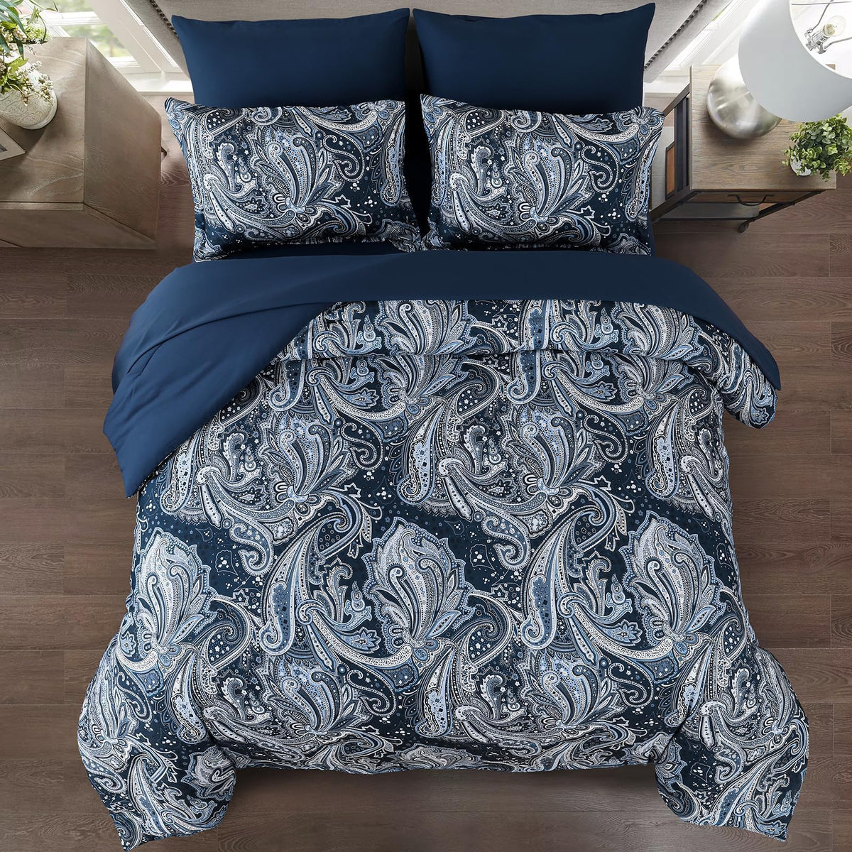 Navy Paisley Comforter Set King Size 7 Piece Bed in a Bag