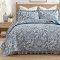 100% Cotton Blue Quilt Set, Damask Bedspread, Dusty Blue