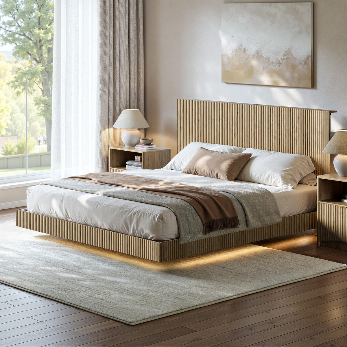 Oak King Floating Bed Frame with Headboard & Charging Station