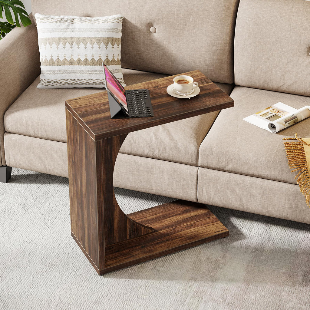 C-Shaped End Table for Couch, Sofa Side Table, C Table for Small Space, Living Room, Bedroom (1, Rustic Brown)