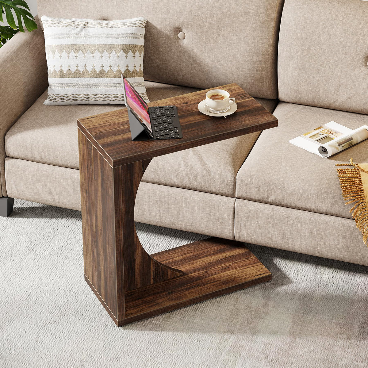 C-Shaped End Table for Couch, Sofa Side Table, C Table for Small Space, Living Room, Bedroom (1, Rustic Brown)