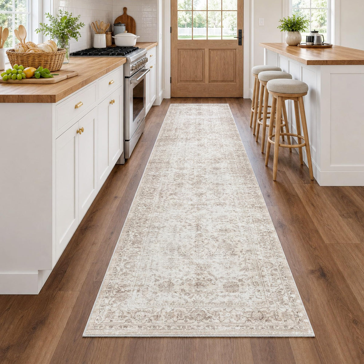 2x10 Hallway Runner Rug Washable Beige Neutral Vintage Distressed