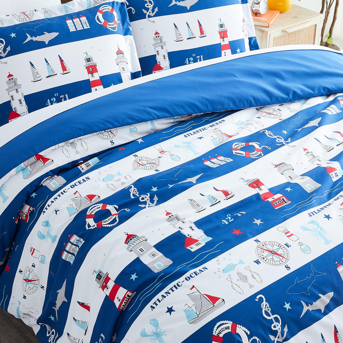 2 Piece Bedding Duvet Cover Set w/ Sham Reversible, Coastal Blue