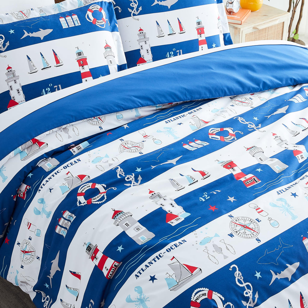 2 Piece Bedding Duvet Cover Set w/ Sham Reversible, Coastal Blue