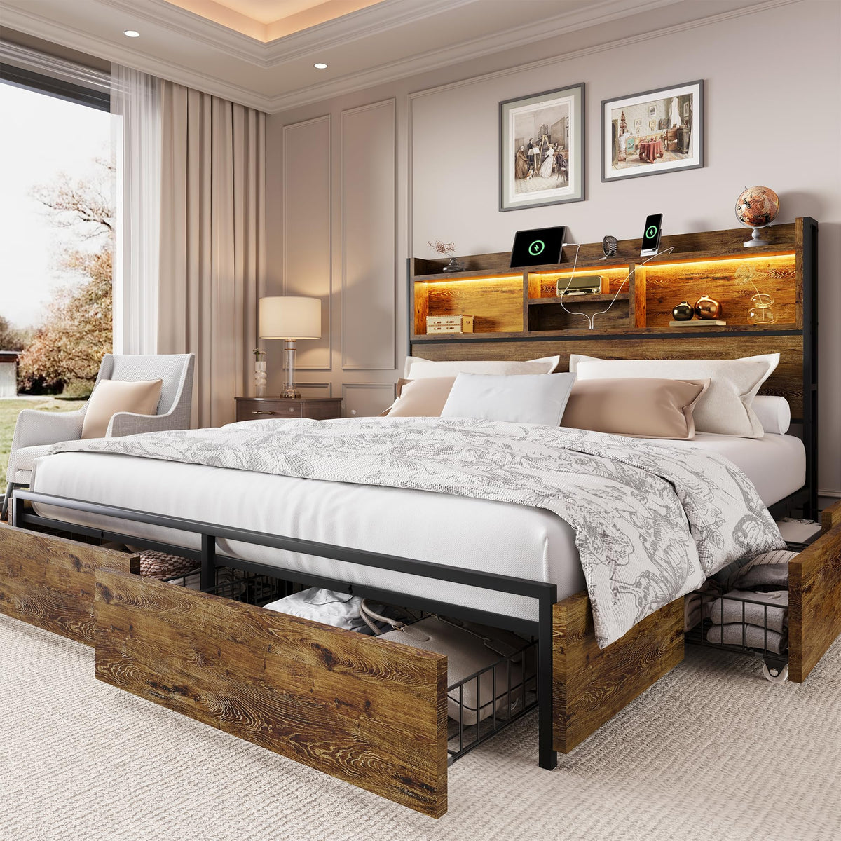 Queen Size Bed Frame with 6 Storage Drawers and Headboard Wooden Platform Bed Frame with LED Lights and Charging