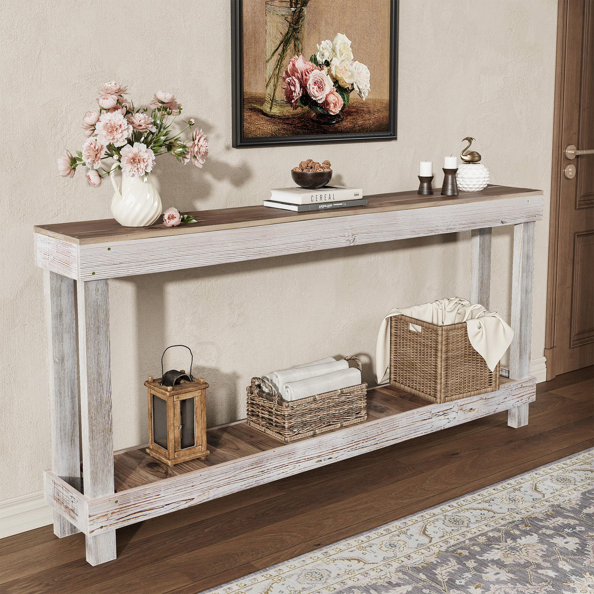 60" Long Farmhouse Console Table, Solid Wood, Classic White