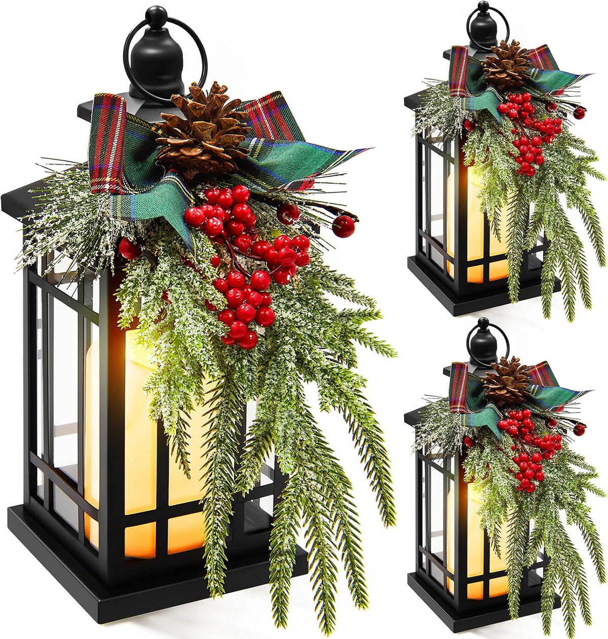 3 Set 14 Inch Christmas Lantern with LED Flickering Flameless Candle