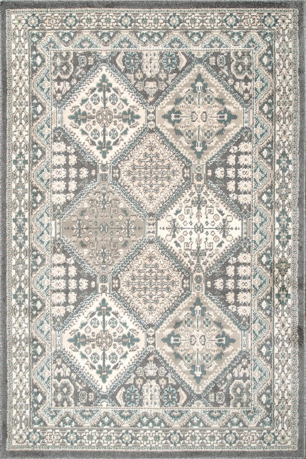 Becca Traditional Tiled Area Rug, Charcoal, Faded Transitional Design, Stain Resistant