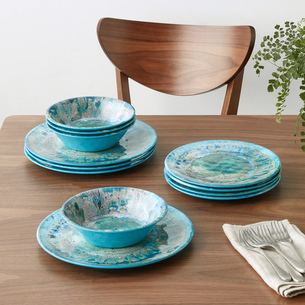 Radiance Teal 12pc Melamine Dinnerware Set - Service for 4 Plates and Bowls Set, Outdoor Dinnerware, Coastal Dishes