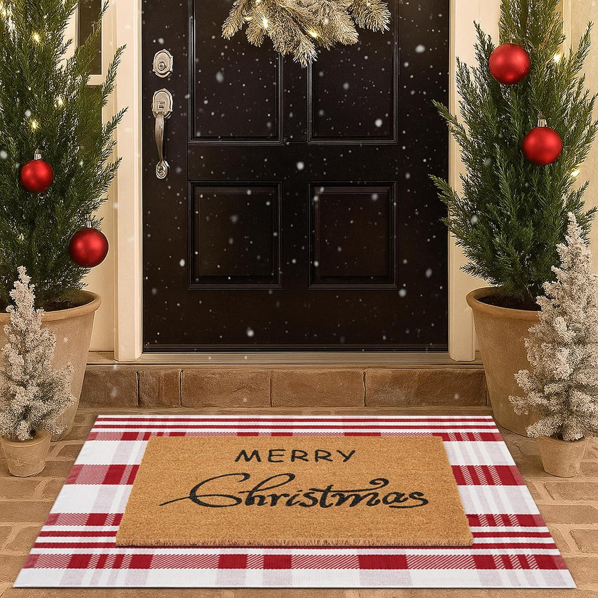 Christmas Door Mat Combo Set - 100% Coco Coir Welcome Mat + 28 x 43 Inch Red and White Diagonal Plaid Rug, Christmas