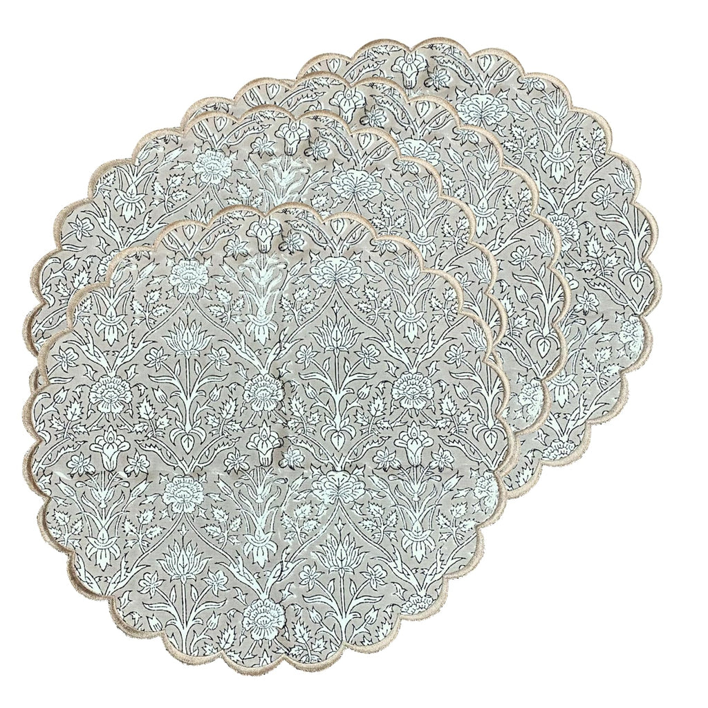 Floral Block Print Round Placemats 15 Inch, Set of 4, Taupe