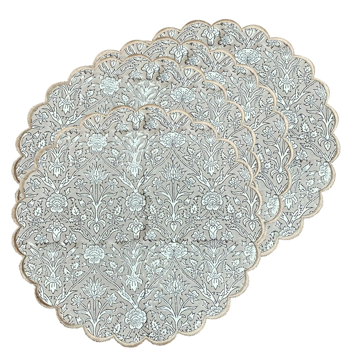 Floral Block Print Round Placemats 15 Inch, Set of 4, Taupe