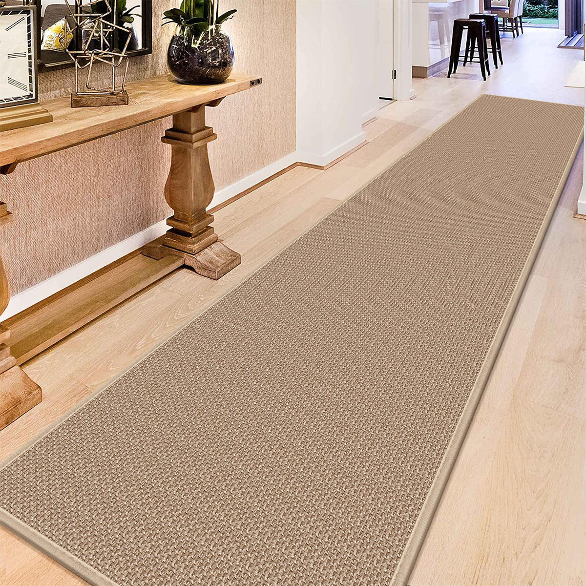 15ft Natural Jute Hallway Runner Rug Non Slip Washable, Rubber Backed Long Khaki Indoor Entryway Runner, Absorbent