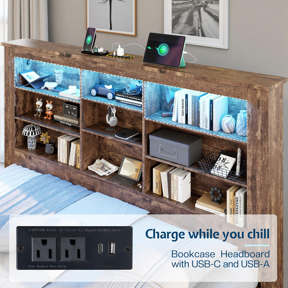 Bed Frame Bookcase Headboard, USB/LED&3 Drawers, Rustic Oak