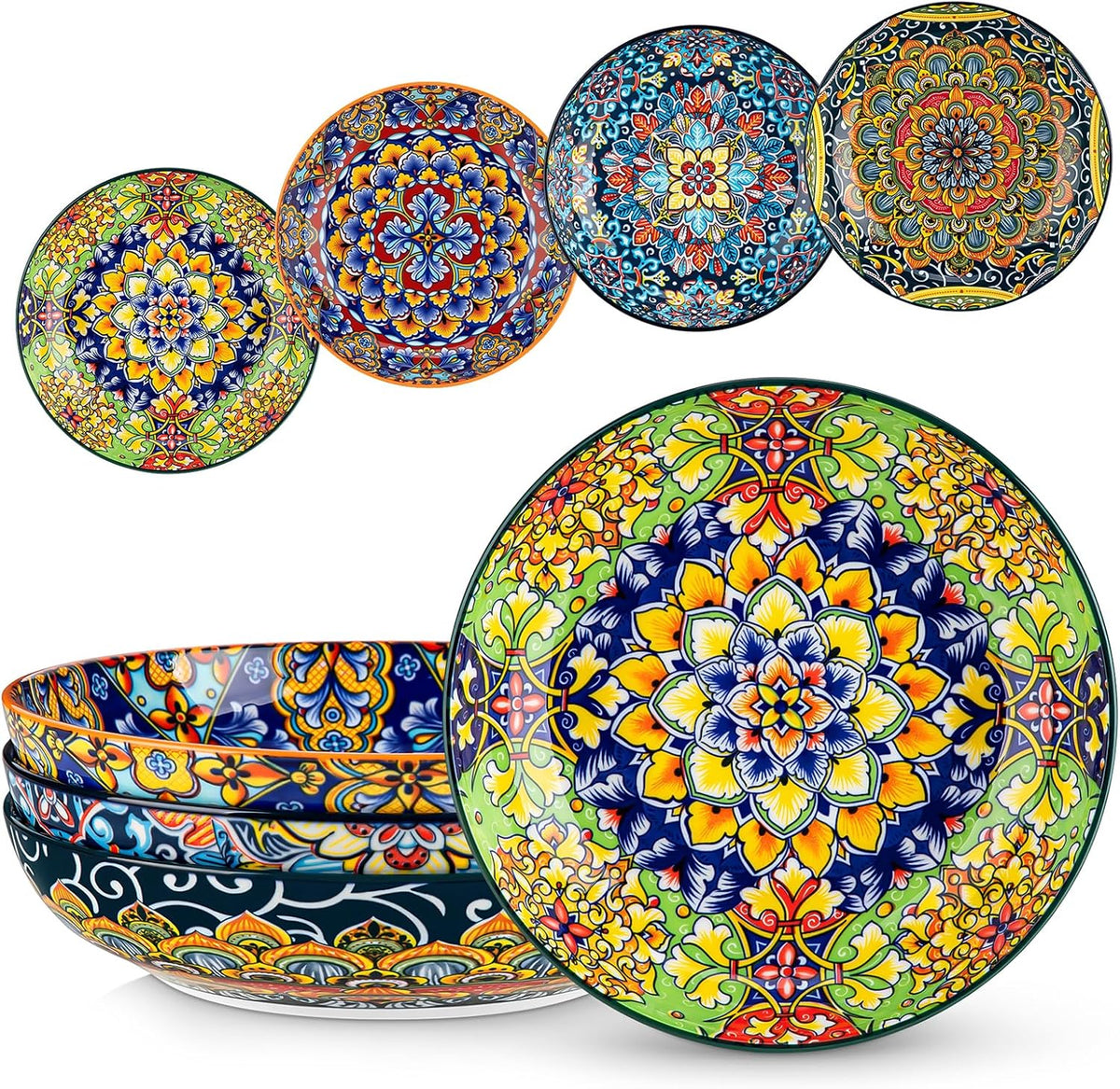 Pasta Bowls Set of 4, 42oz Ceramic Serving Bowls,Boho Pasta Plates | Large Shallow Bowls for Pasta, Salad, Soup, 42