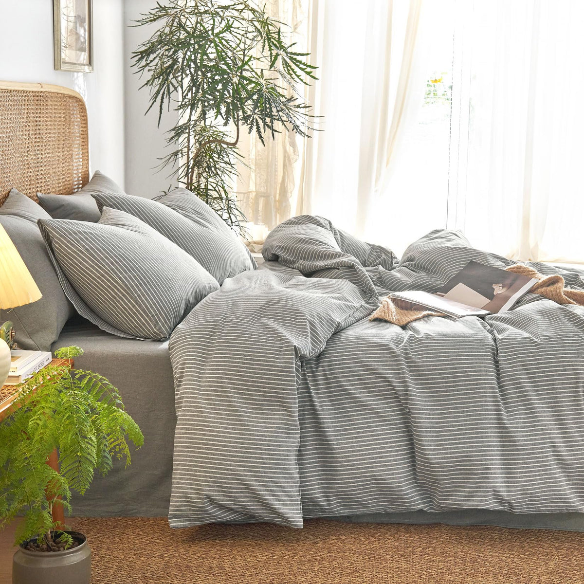 Striped Cotton Duvet Cover Set, Grey