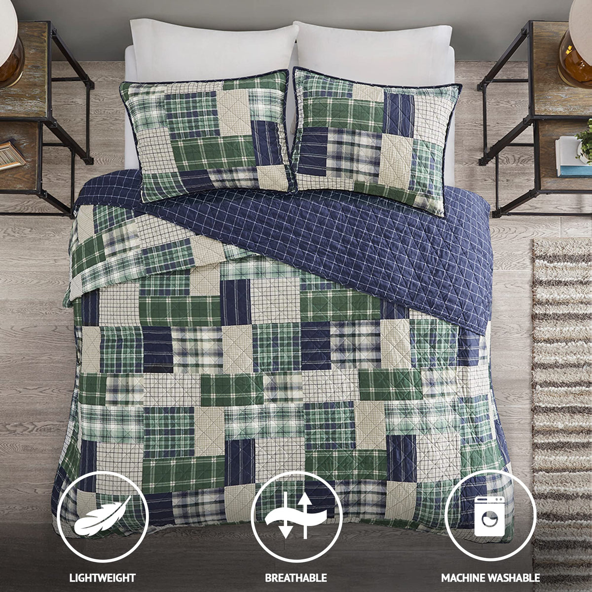 Patchwork Farmhouse Green/Navy Quilt Set, 3pc