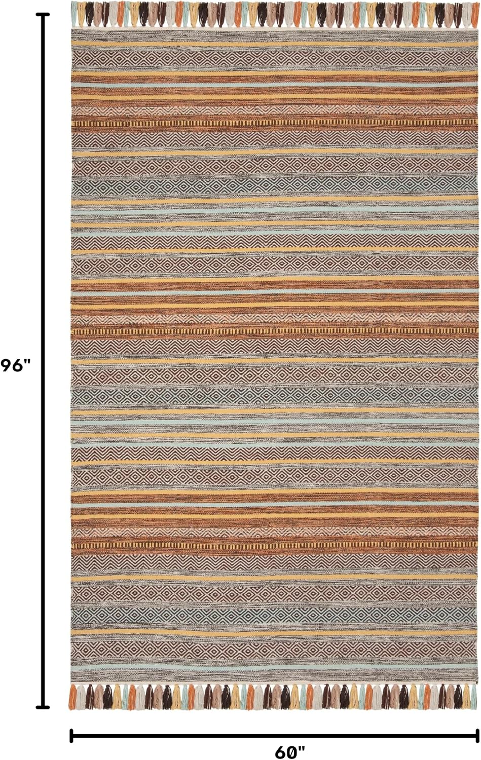 Montauk Collection Area Rug - 5' x 8', Turquoise & Brown, Handmade Boho Stripe Fringe Cotton, Ideal for High Traffic